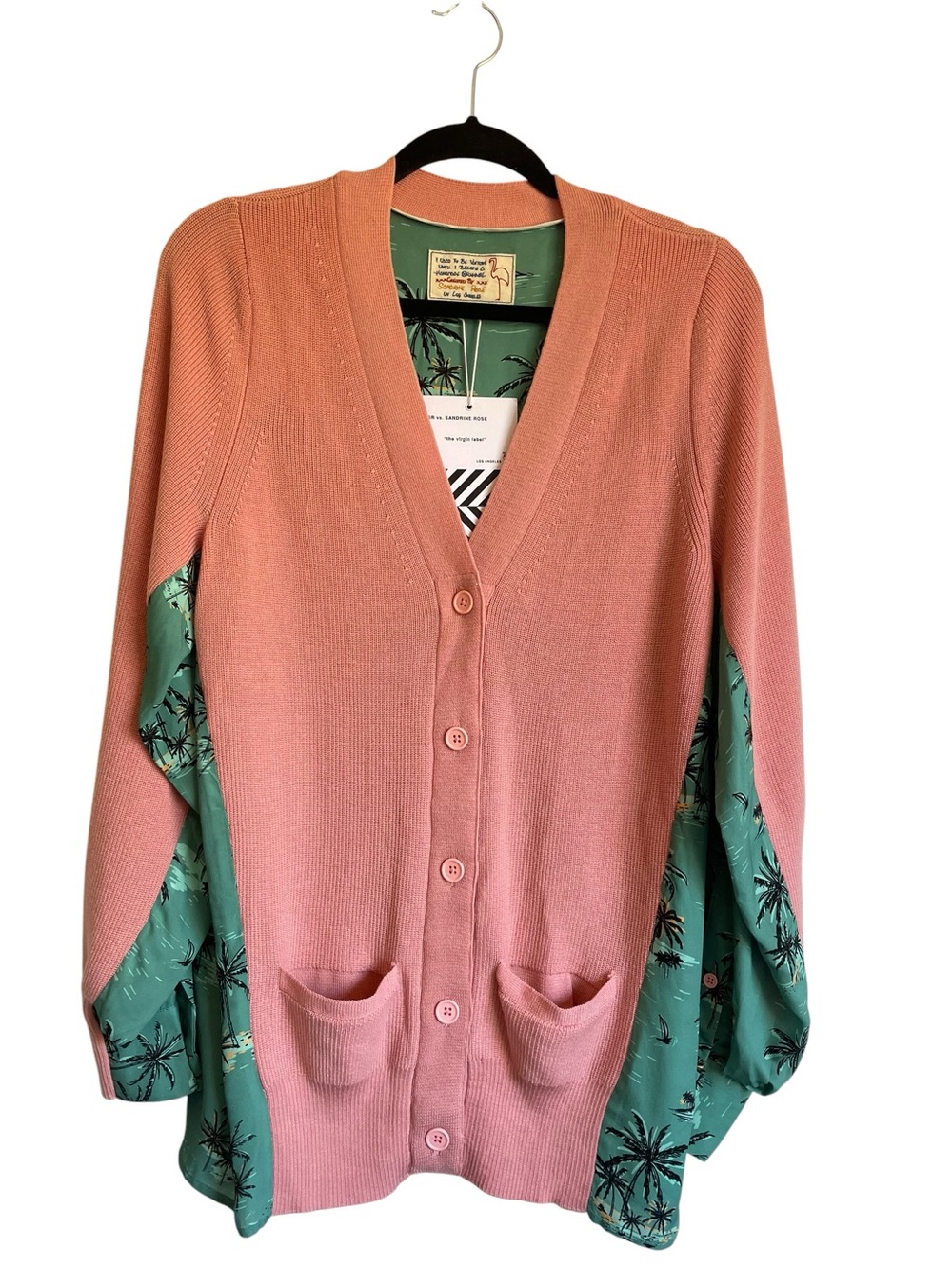 Sandrine Rose Lagoon Mixed Media Dusty Rose V-Neck Cardigan Sweater Oversized S
